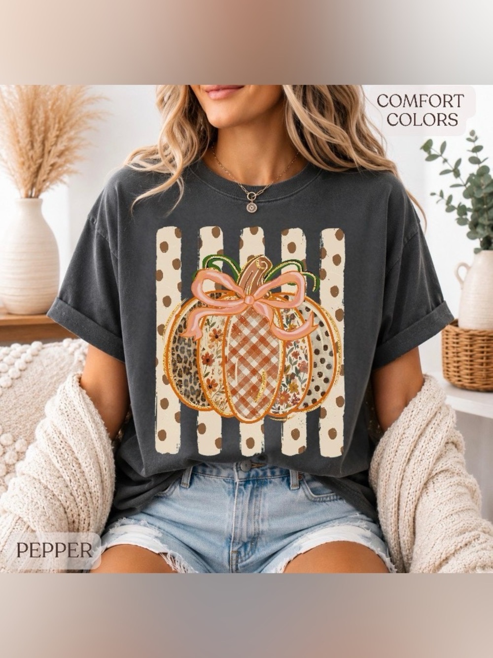 Patchwork Pumpkin Shirt, Comfort Colors Fall Preppy Pumpkin T-Shirt